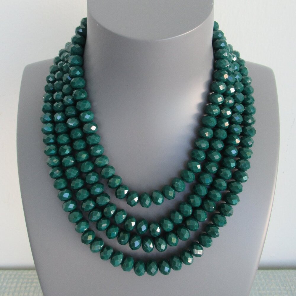 VTG Beaded 4 Strand Statement Necklace Green Faceted Quartz w/Silver tone clasp